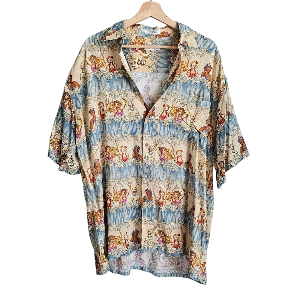 Vintage Pierre Cardin Hawaiian Lua Pin Up Model Button Down Short Sleeve Shirt - Picture 1 of 6